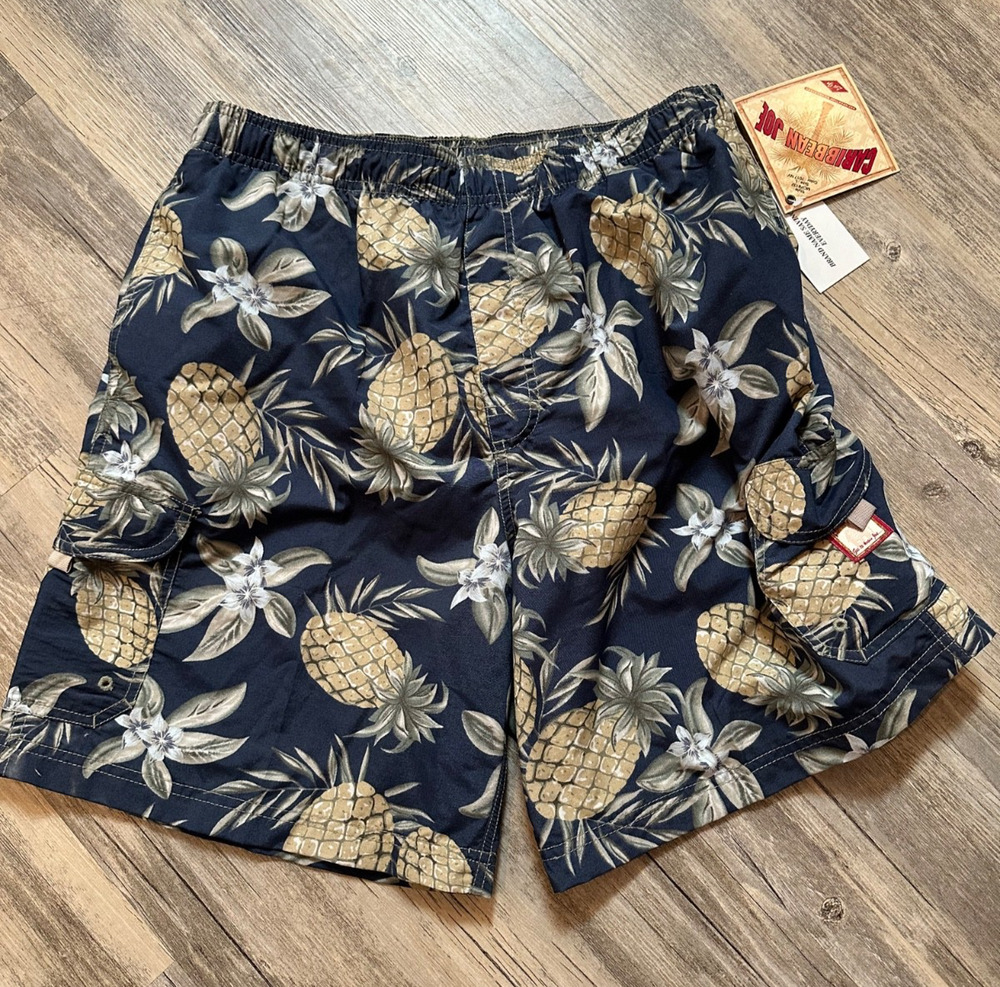 Vtg Caribbean Joe Swim Trunks Lined Pineapple Zip Pocket Large w/ Pouch